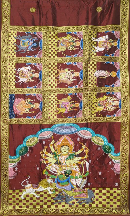 Maroon Navaratri Durga Puja Theme Hand-Painted Pattachitra Saree