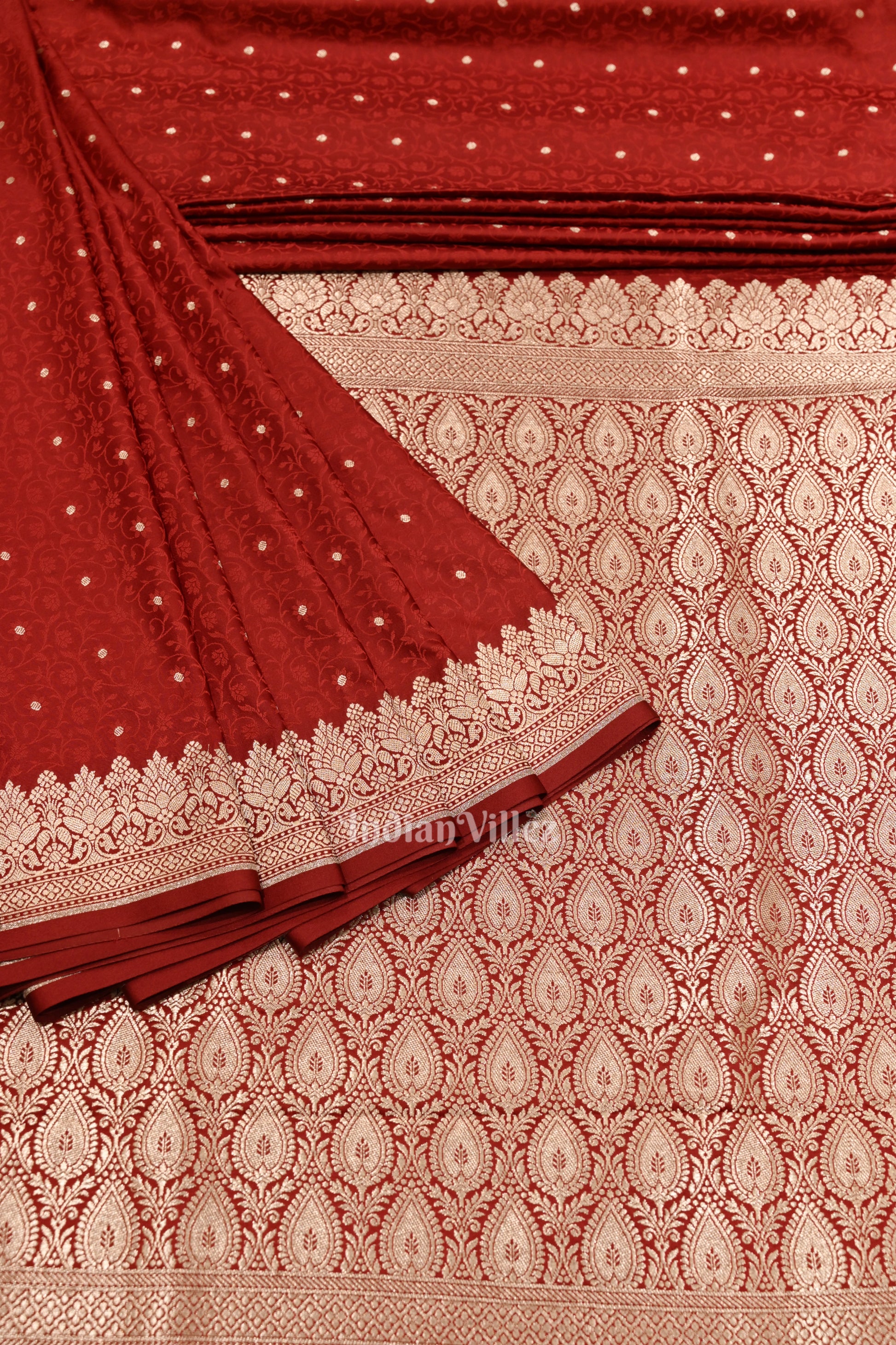 Exclusive Bright Maroon Meenakari Mashru Satin Silk Banarasi Saree