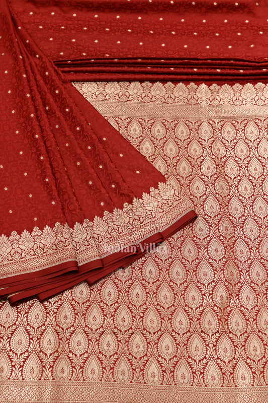Exclusive Bright Maroon Meenakari Mashru Satin Silk Banarasi Saree