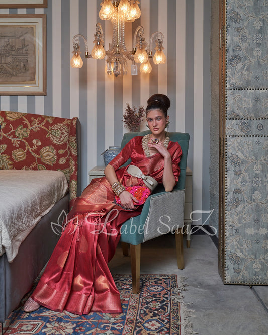 Peach Party Designer Tussar Banarasi With Moti Work Saree