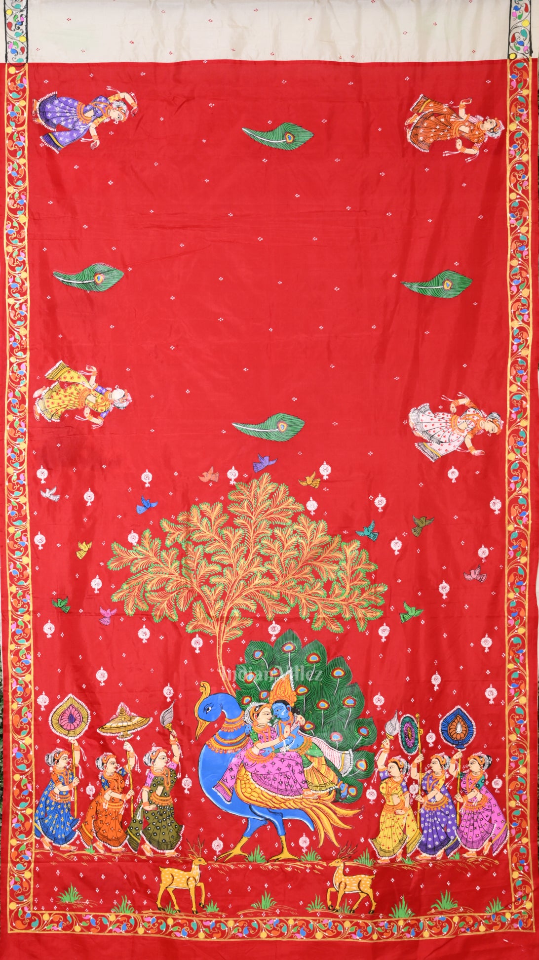 Red White Radha Krishna  Peacock Design Hand-Painted Pattachitra Saree