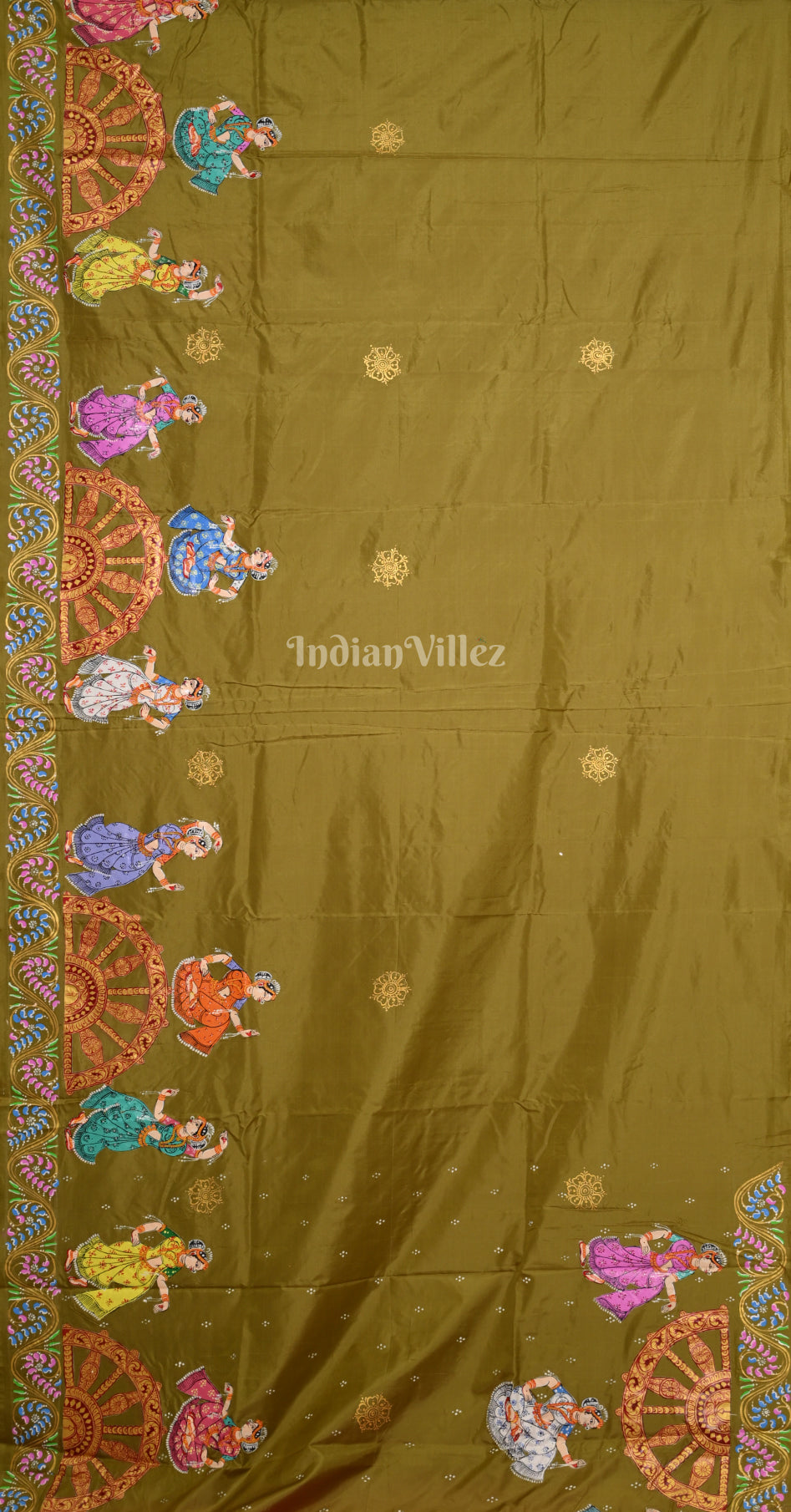 Pink Mehendi Green Nartaki Konark Temple Hand-Painted Pattachitra Saree