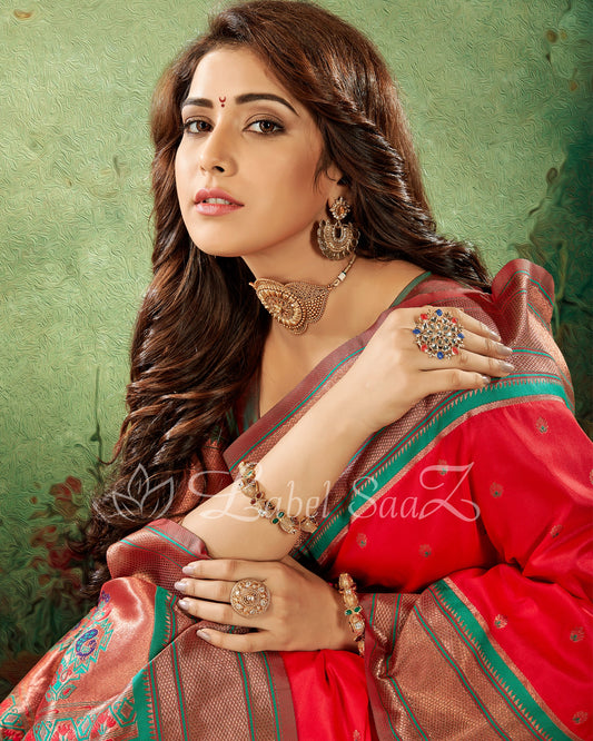 Red Green Woven Zari Paithani Silk Saree 