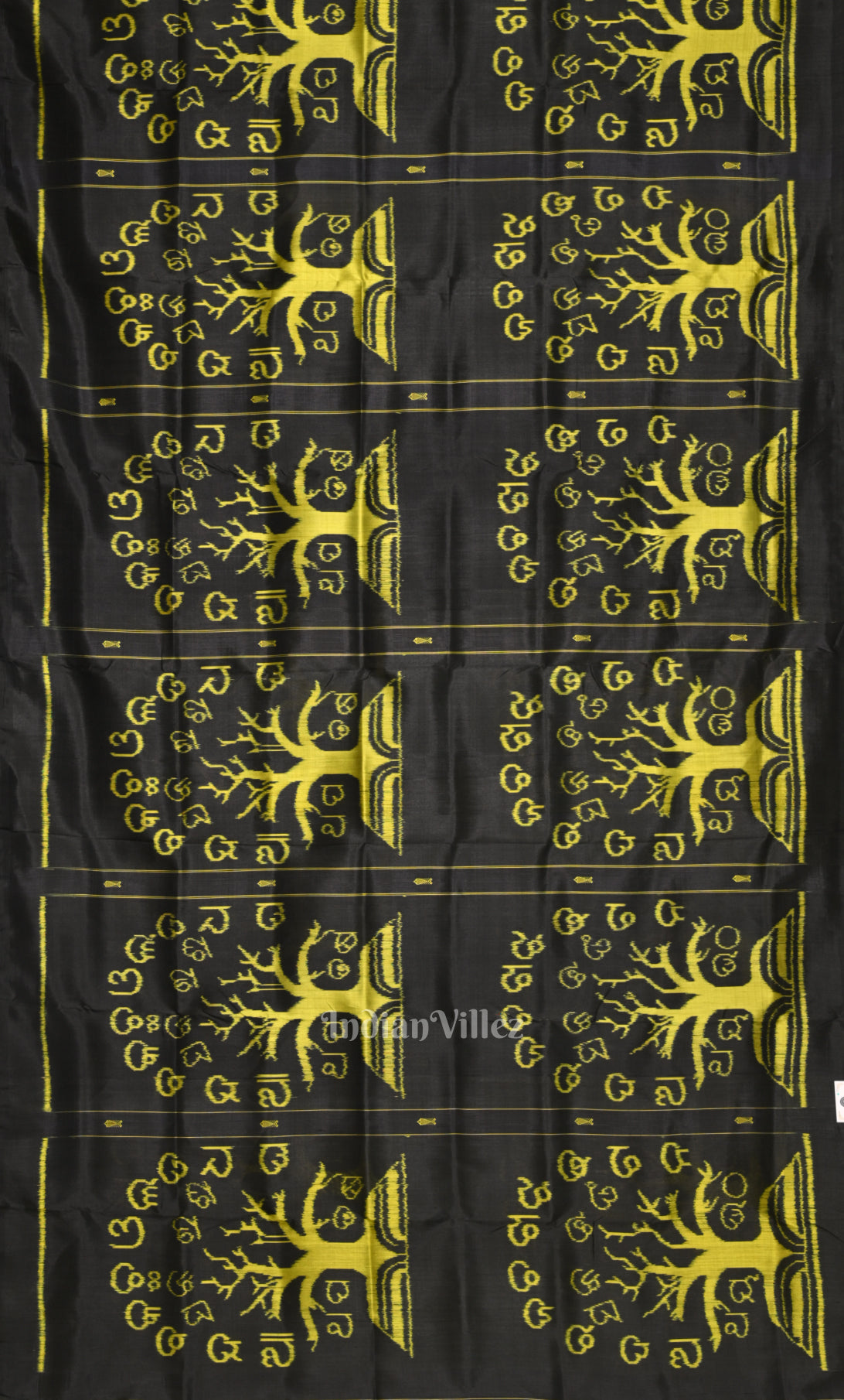 Black Neon Yellow Odia Barnamala Contemporary Silk Saree with Tribal Anchal