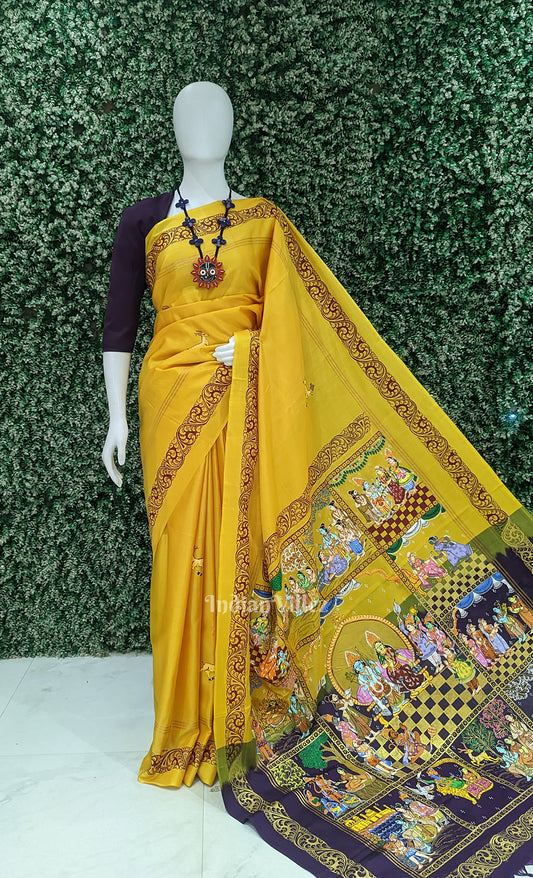 Yellow Violet Ramayan Hand-Painted Pattachitra Saree