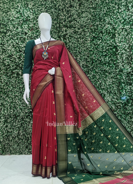 Purple Wine with Green Pure Silk Cotton Maheshwari Saree
