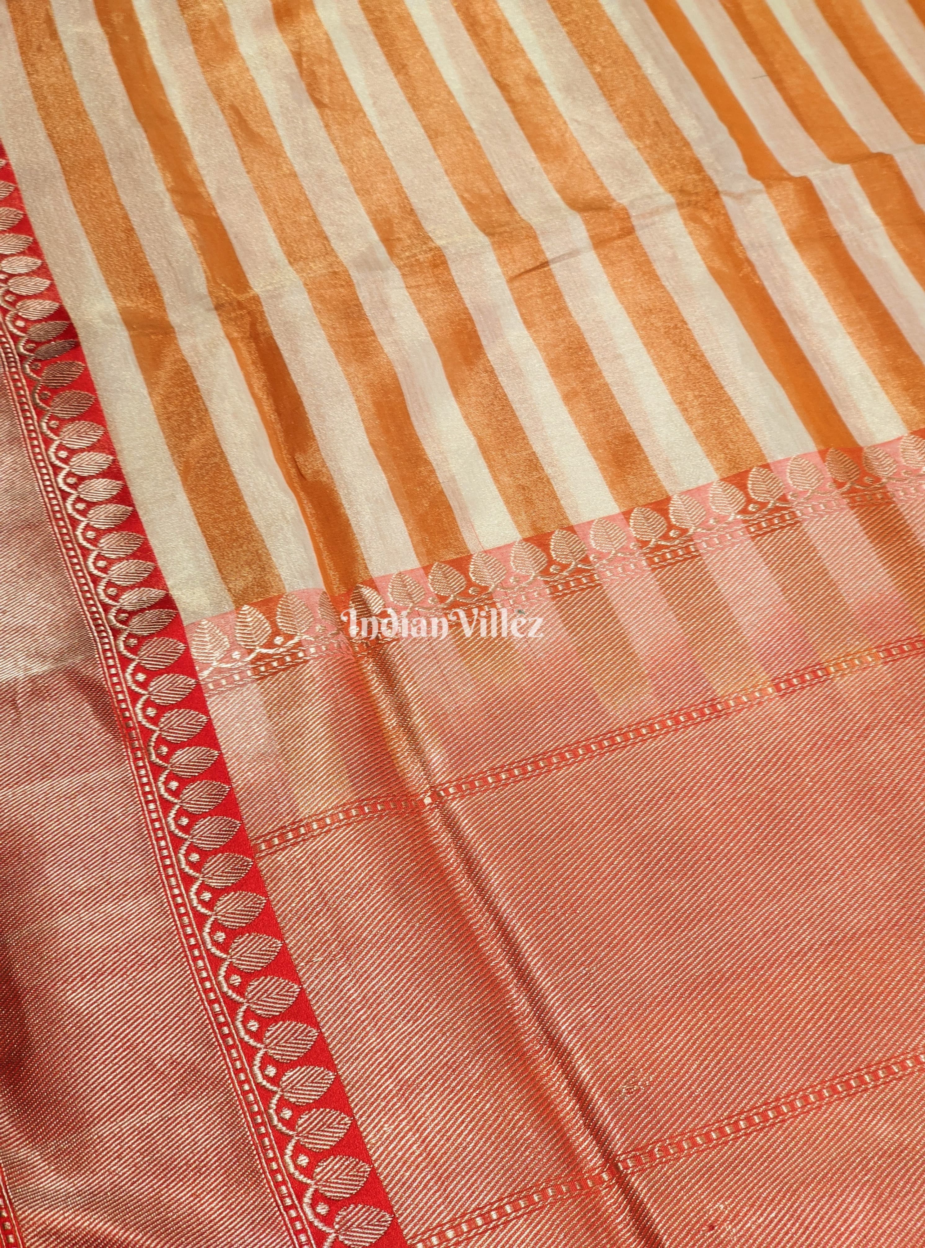 Orange White Stripes Pattern Designer Banarasi Tissue Saree