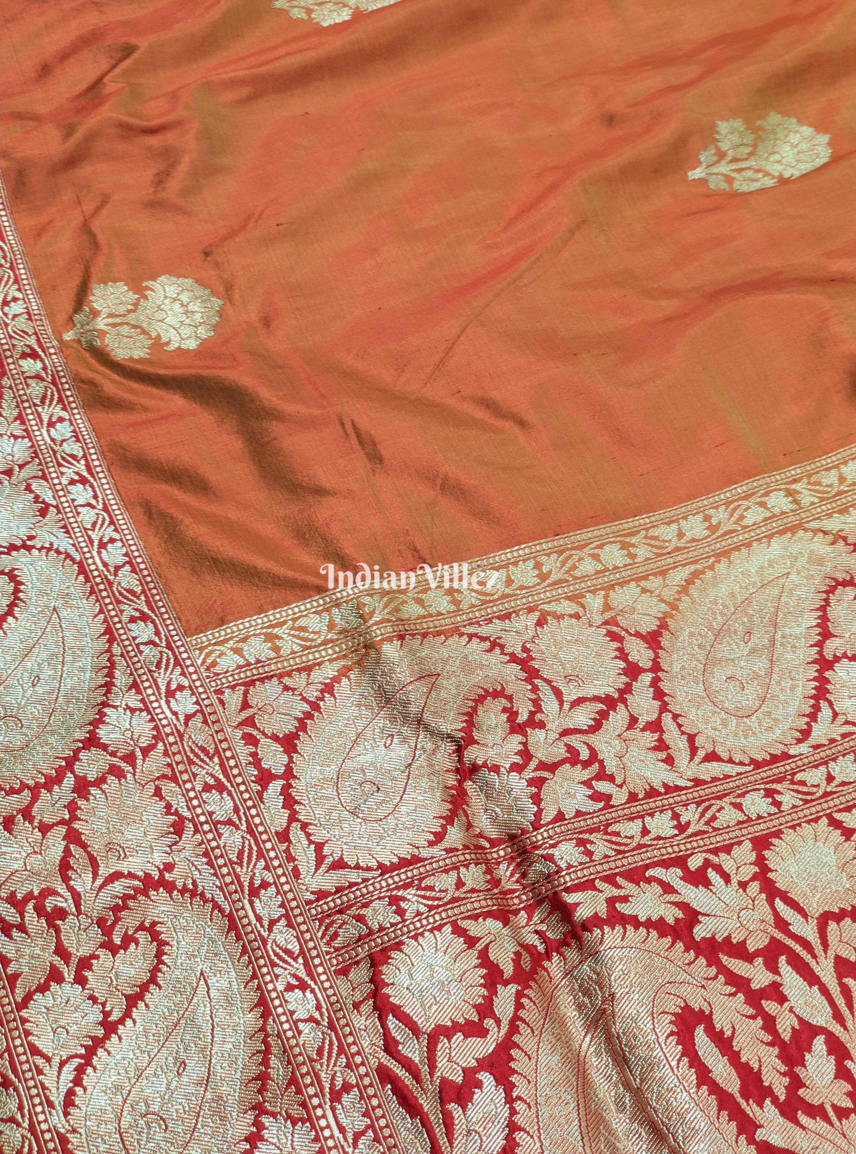 Orange Dual Tone Floral Motif Designer Banarasi Silk Saree