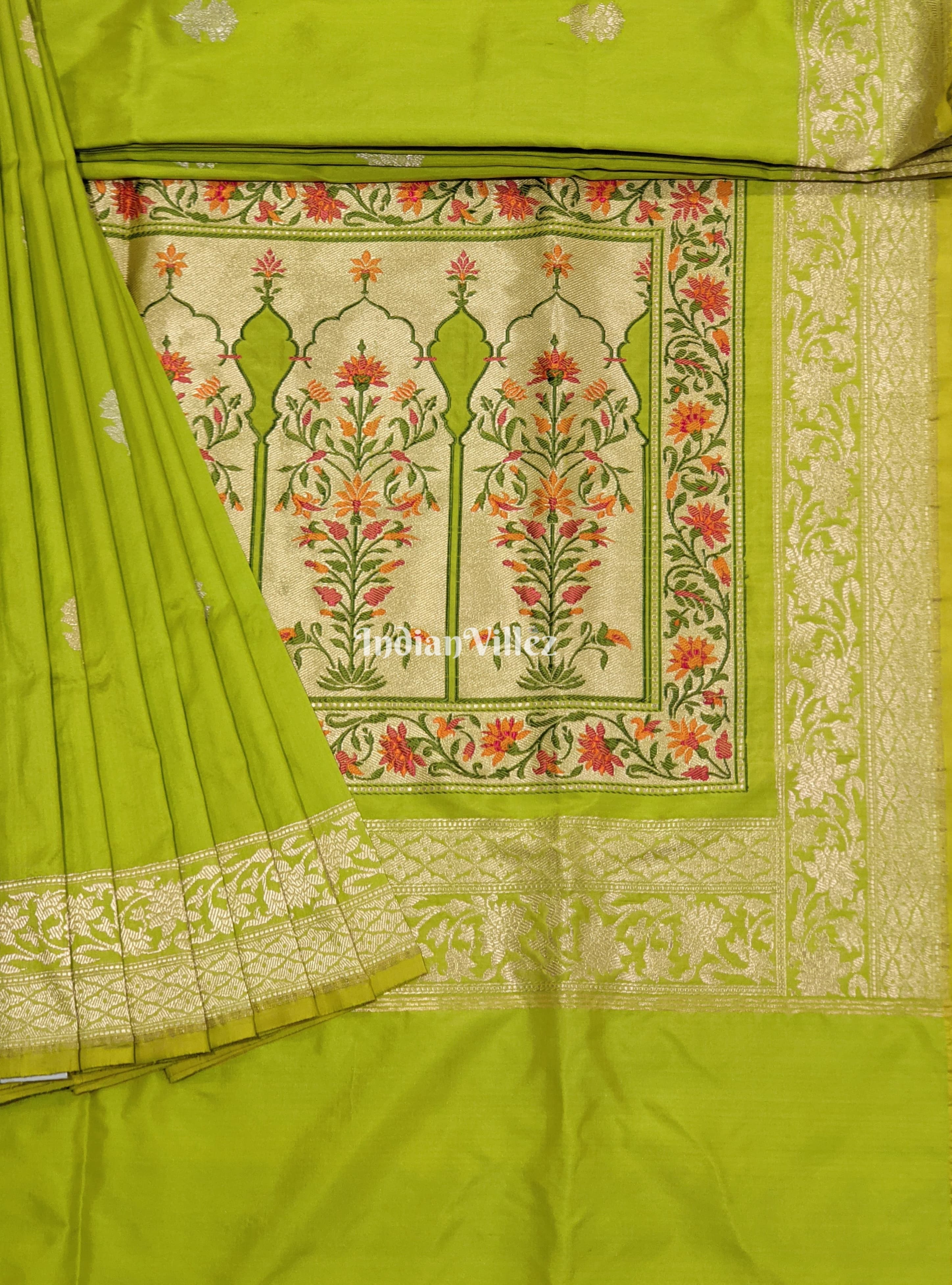 Lime Green Designer Banarasi Katan Silk Saree