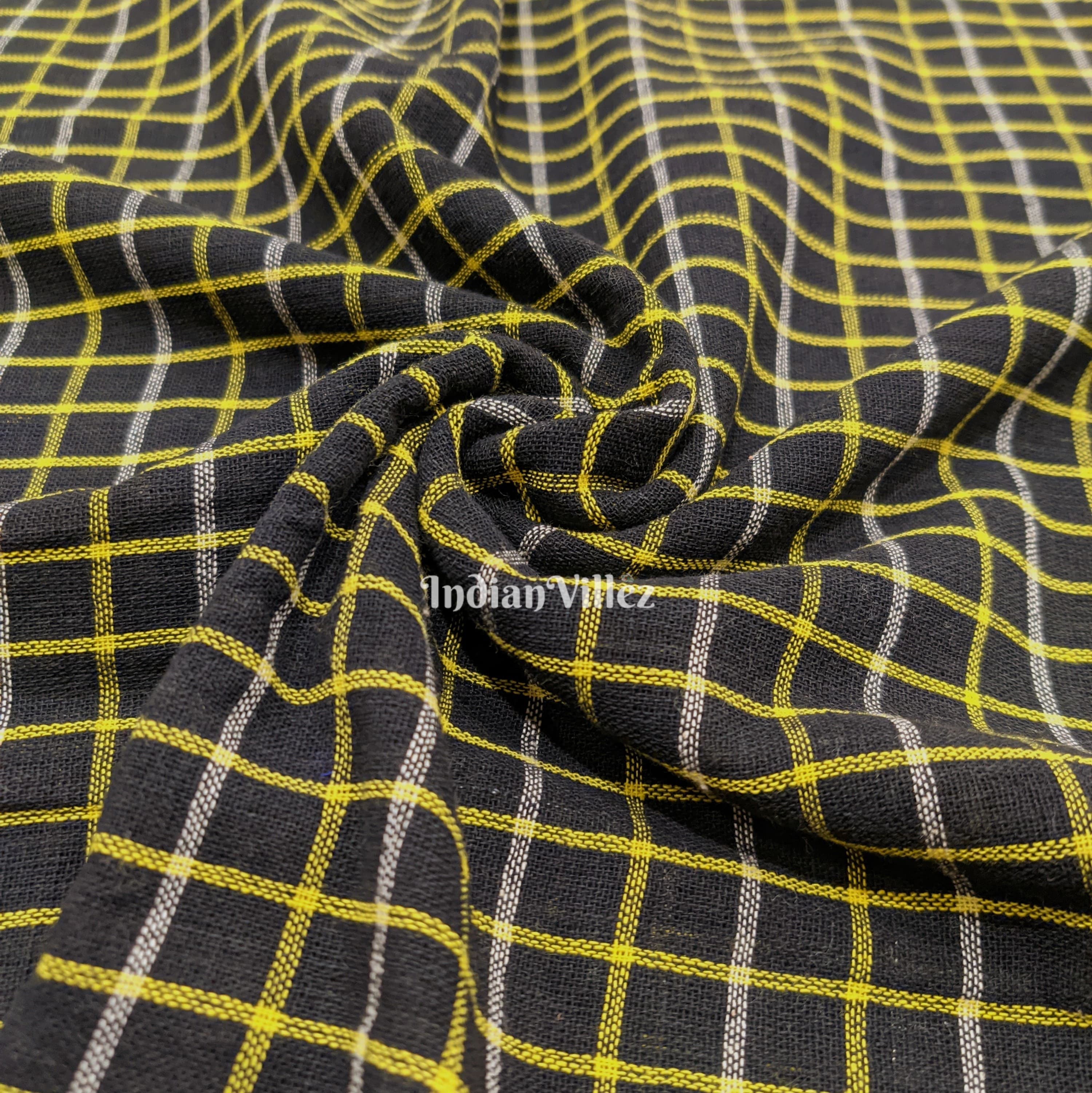 Black Yellow Checkered Organic Natural Dyed Kotpad Handloom Fabric