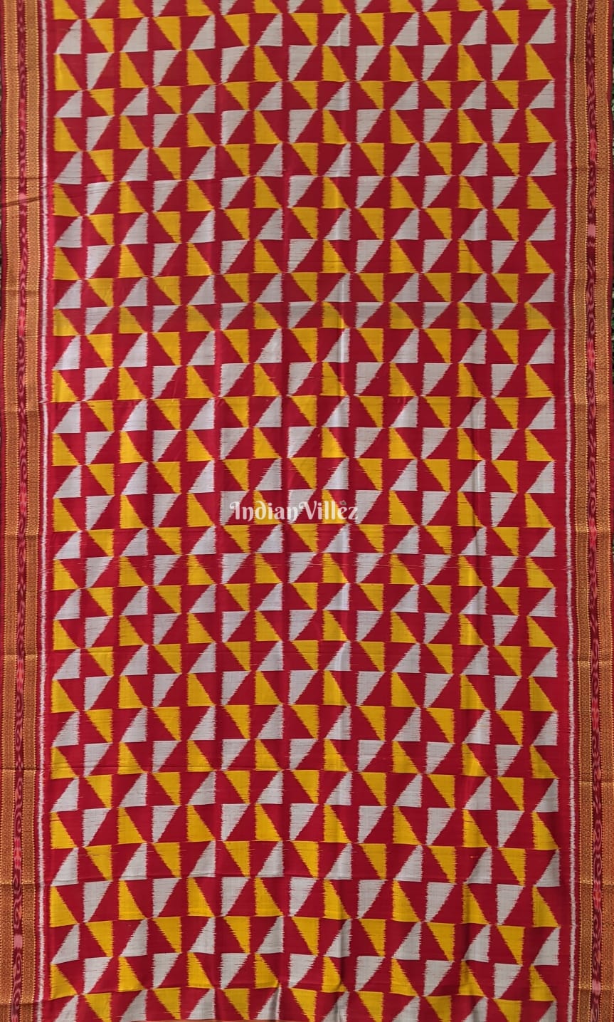 Maroon Yellow White Odisha Ikat Khandua Silk Saree