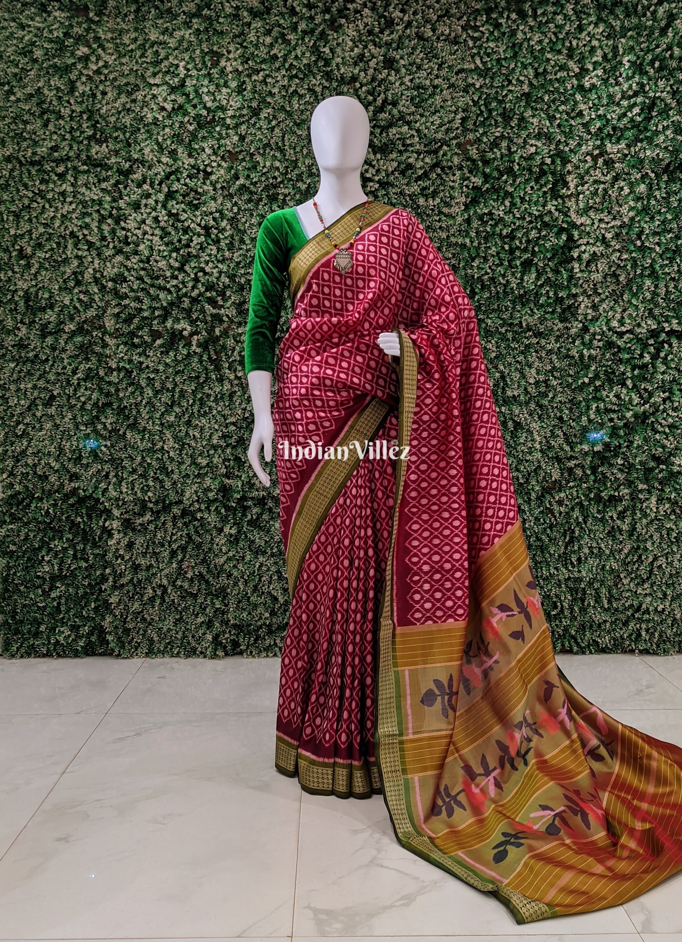 Maroon Odisha Ikat Contemporary Silk Saree With Exclusive Floral Pallu