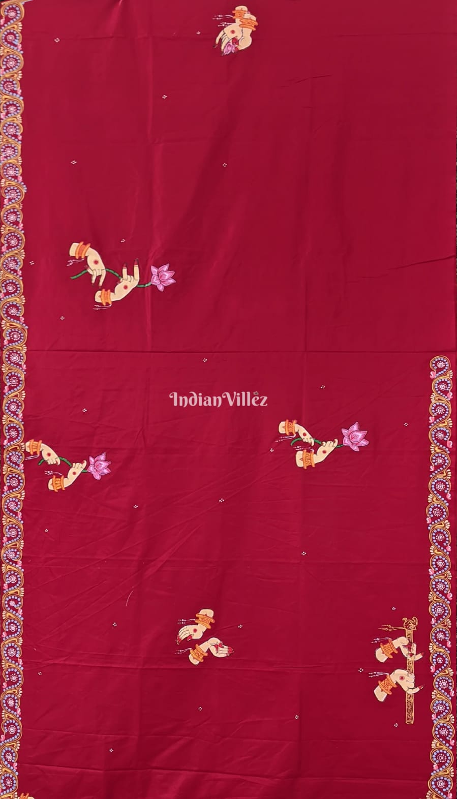 Reddish Maroon Arjuna Bows to Navagunjara Pure Pattachitra Silk Saree