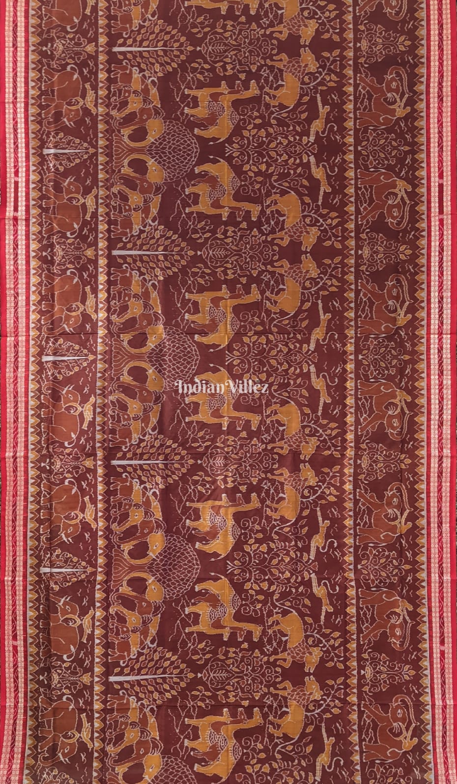 Russet & Red Animal Theme Sambalpuri Ikat Silk Saree
