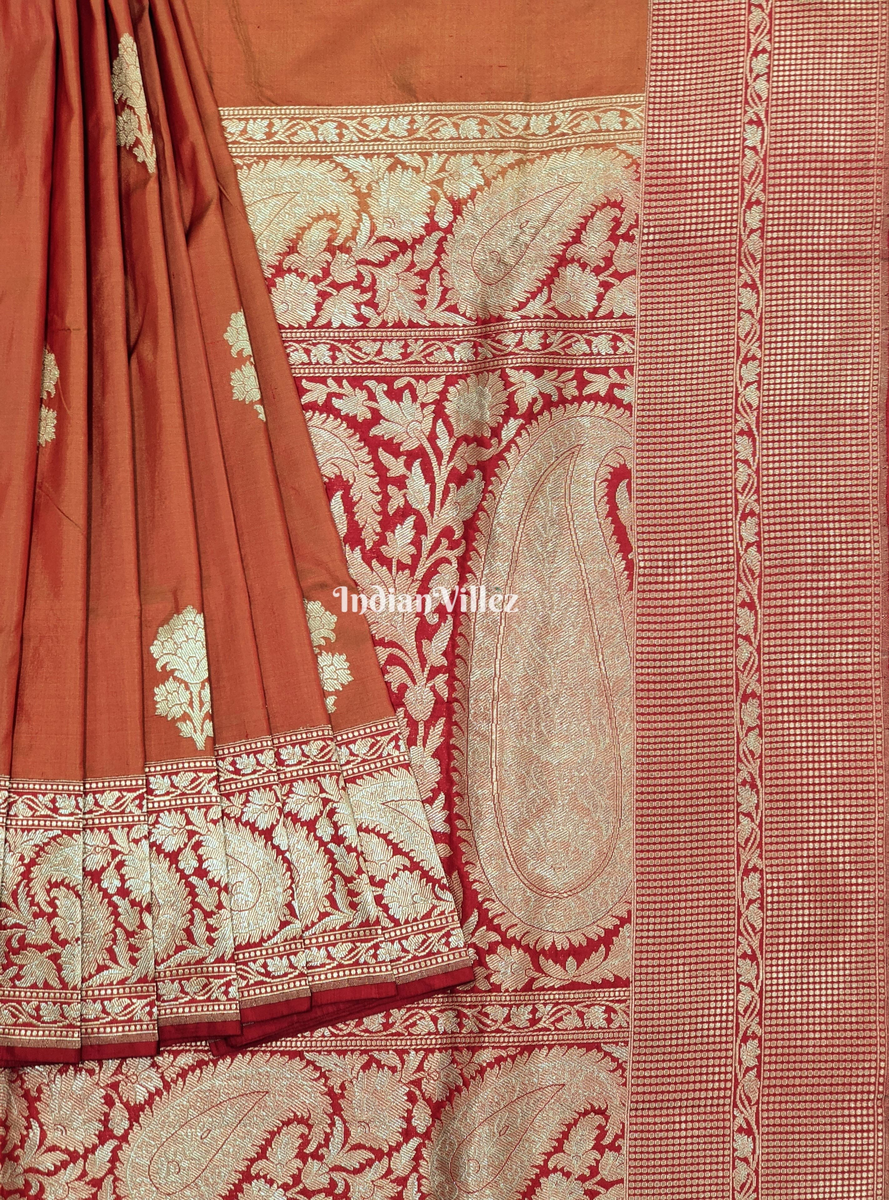 Orange Dual Tone Floral Motif Designer Banarasi Silk Saree