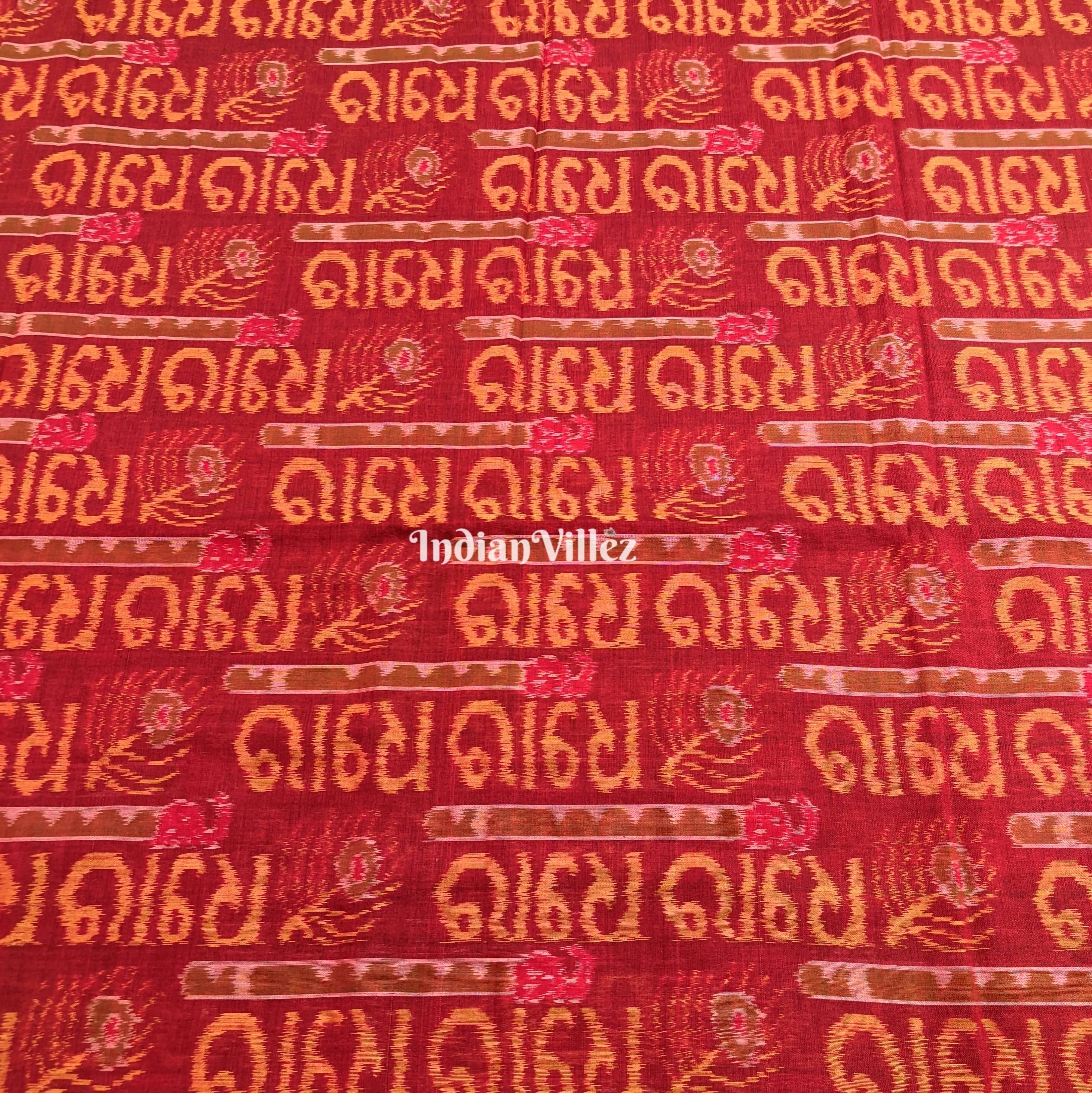 Red Radhe Radhe Sambalpuri Ikat Cotton Fabric