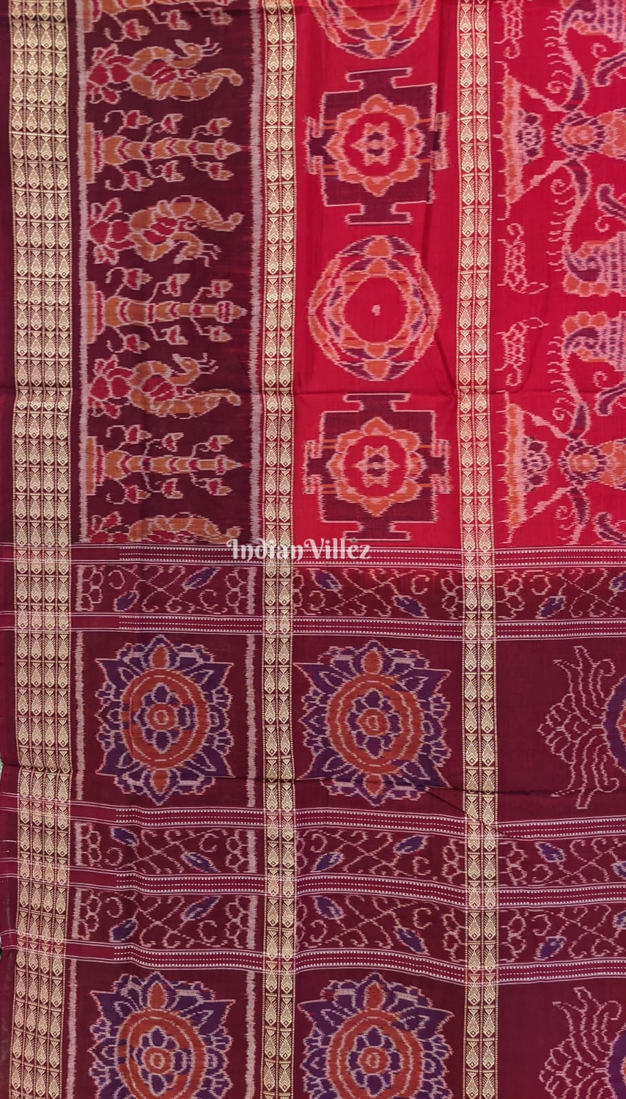 Red Odisha Ikat Sambalpuri Cotton Saree with Fish Line Motif & Border