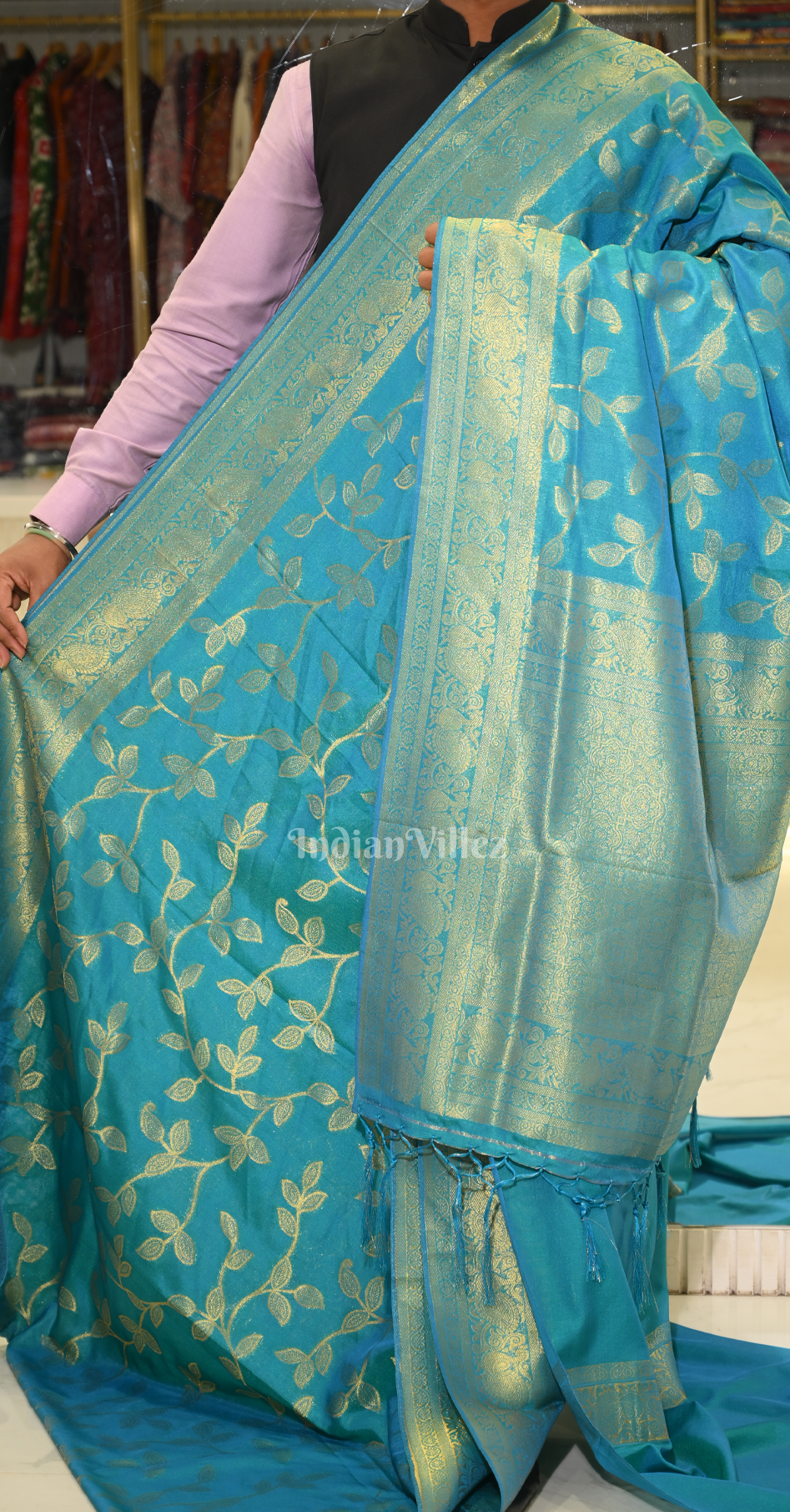  Sky Blue Two Tone Chinon Woven Banarasi Silk Saree