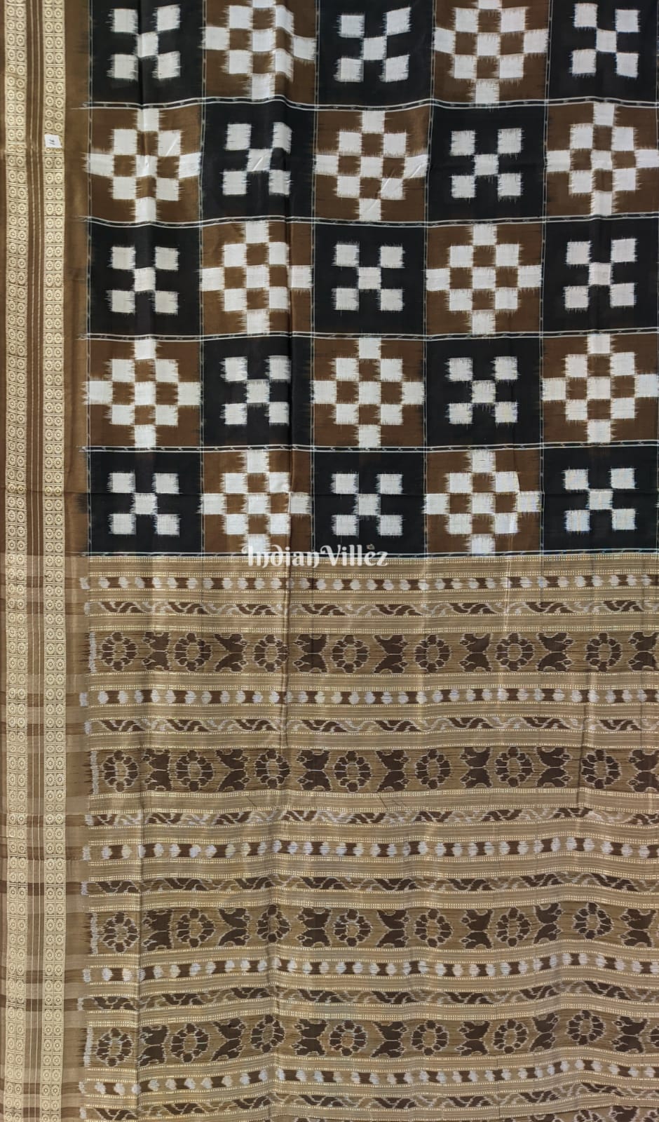 Black & White Pasapali Sambalpuri Ikat Silk Saree