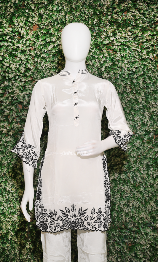 Designer  White Black Embroidery Kurta & Pant Set-(Co-Ords Set)