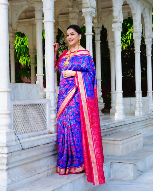 Madhuri Dixit Royal Blue Red Nabakothi Odisha Ikat Sambalpuri Silk Saree 