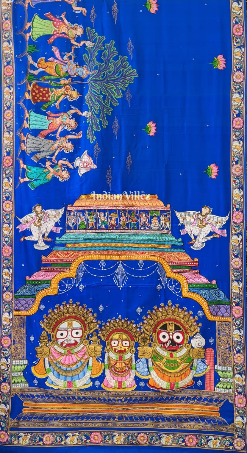 Blue Shree Jagannath Theme Pattachitra Silk Saree