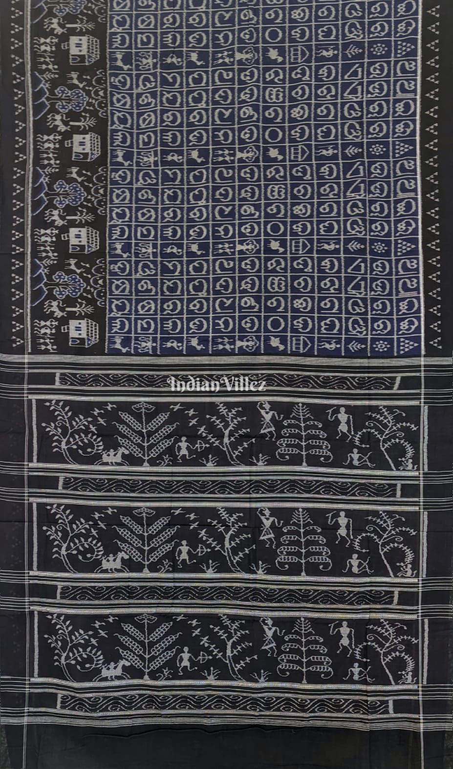 Blue & Black Odia Barnamala with Tribal Sambalpuri Cotton Saree