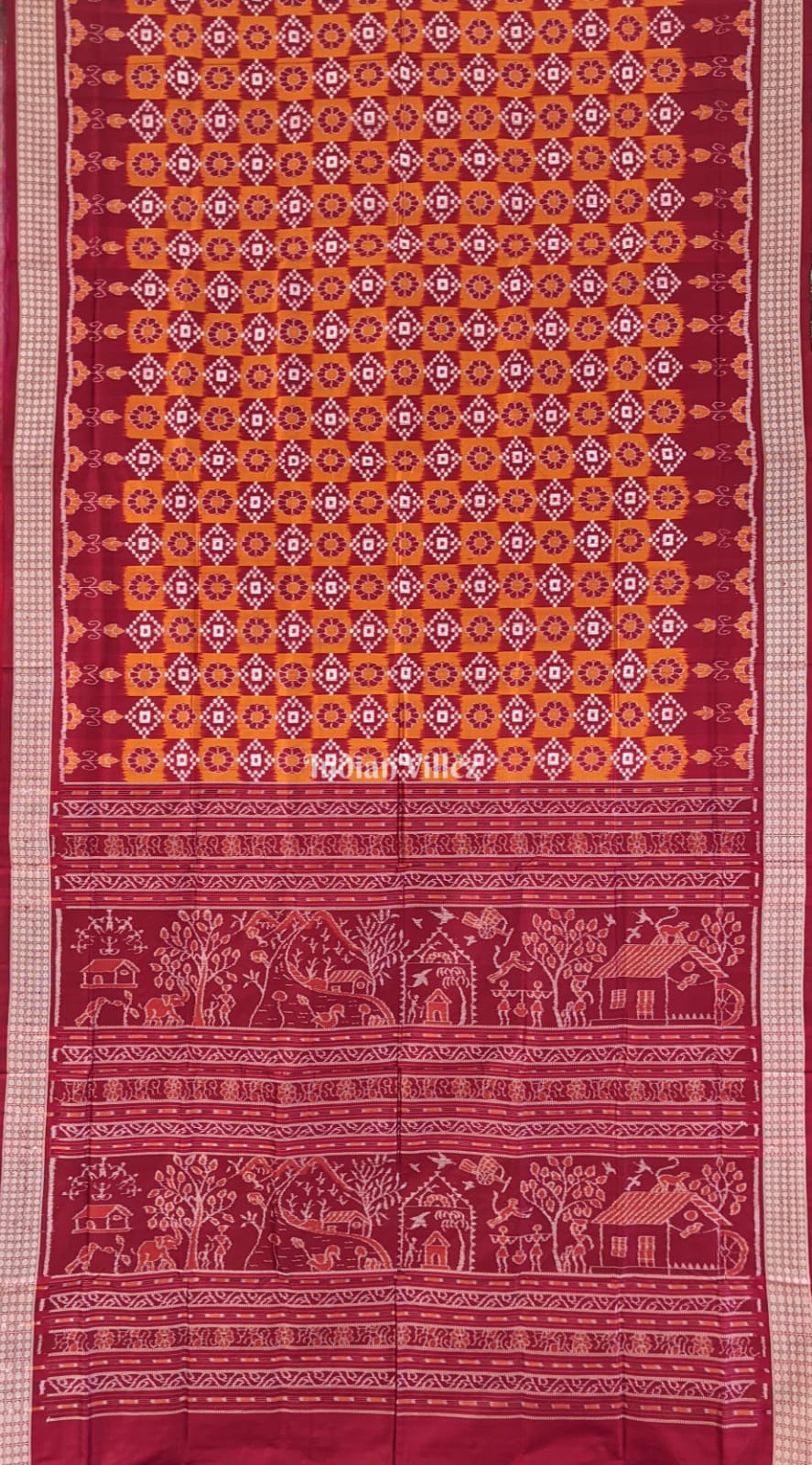 Mustard Yellow Marron Pure Sambalpuri Silk Saree