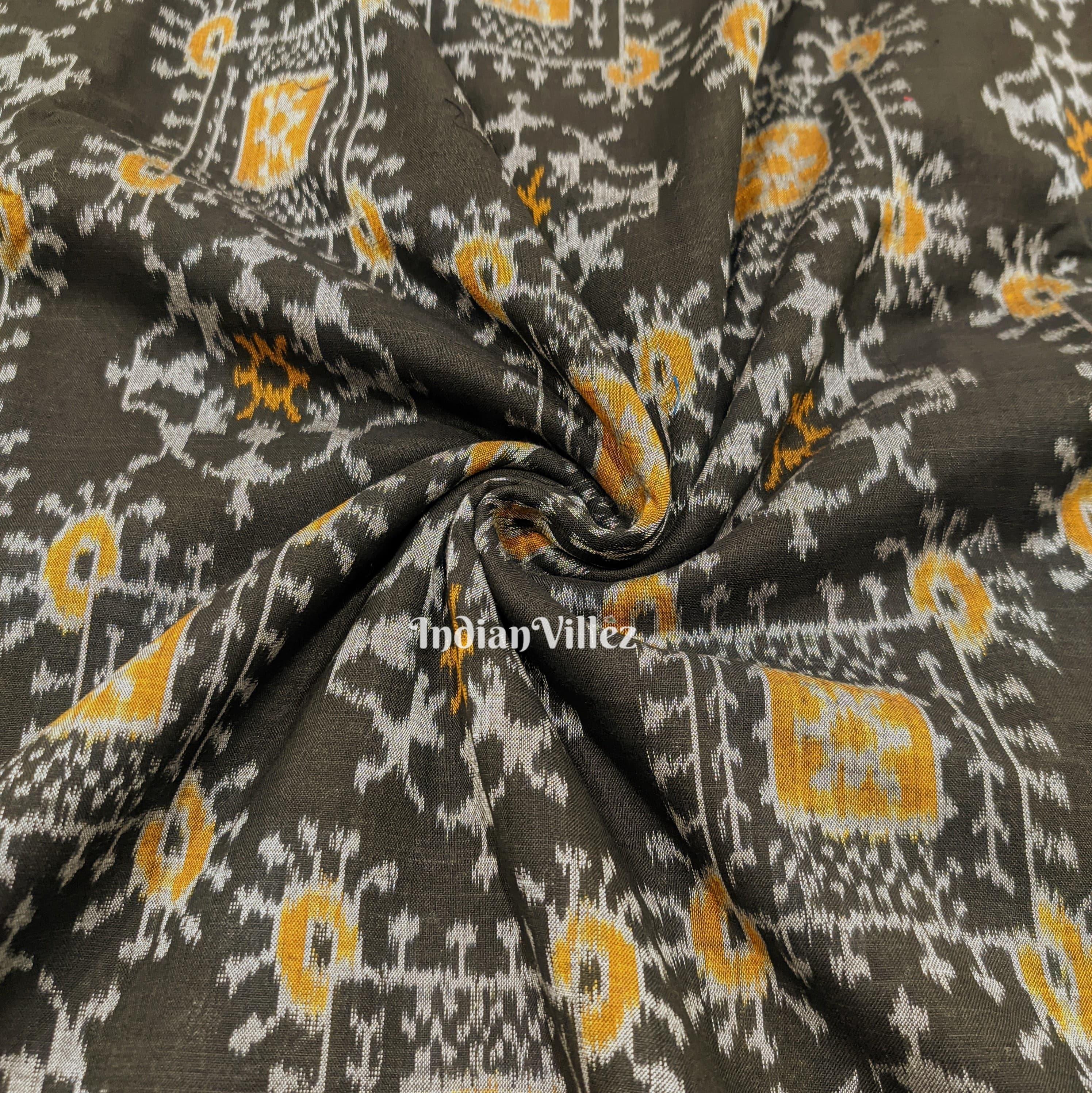 Black Yellow Tribal Jhoti Design Sambalpuri Ikat Cotton Fabric