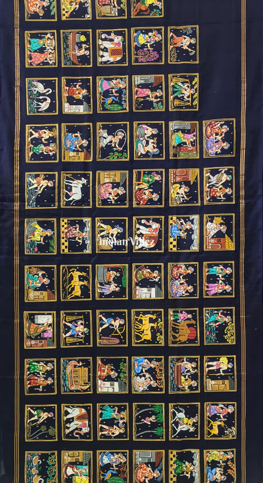 Navy Blue & Parrot Green Radha Krishna Village Theme Pattachitra Silk Saree