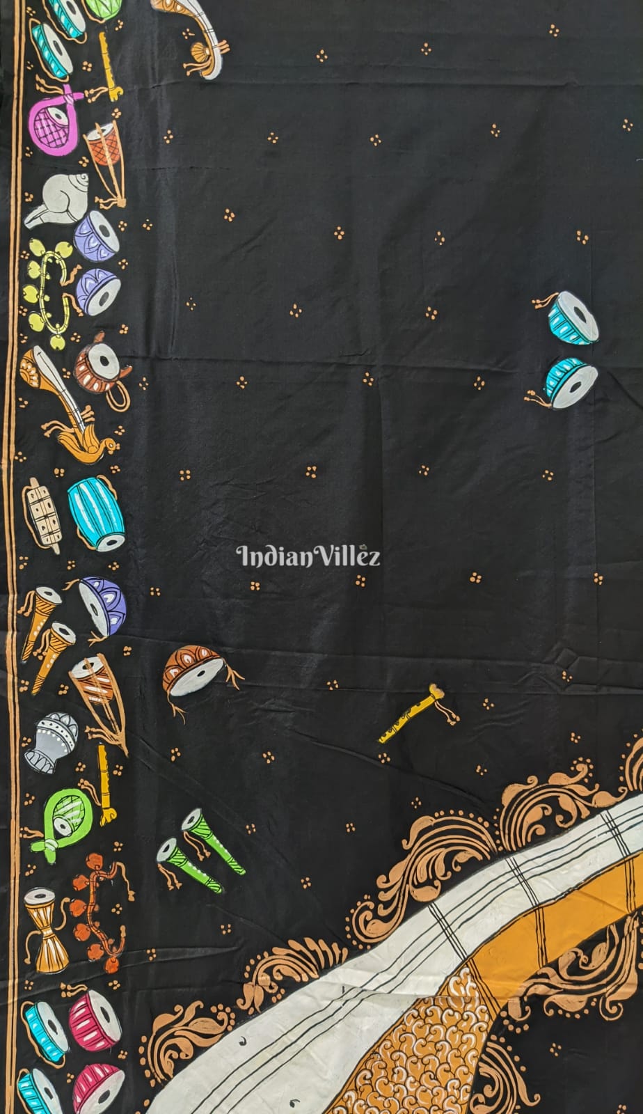 Black Veena Design Pattachitra Art Pure Silk Saree
