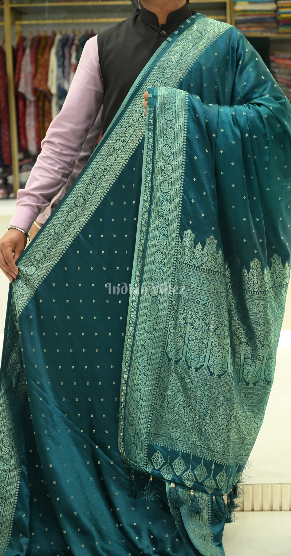 Peacock Green Satin Silk Banarasi Saree With Brocade Blouse