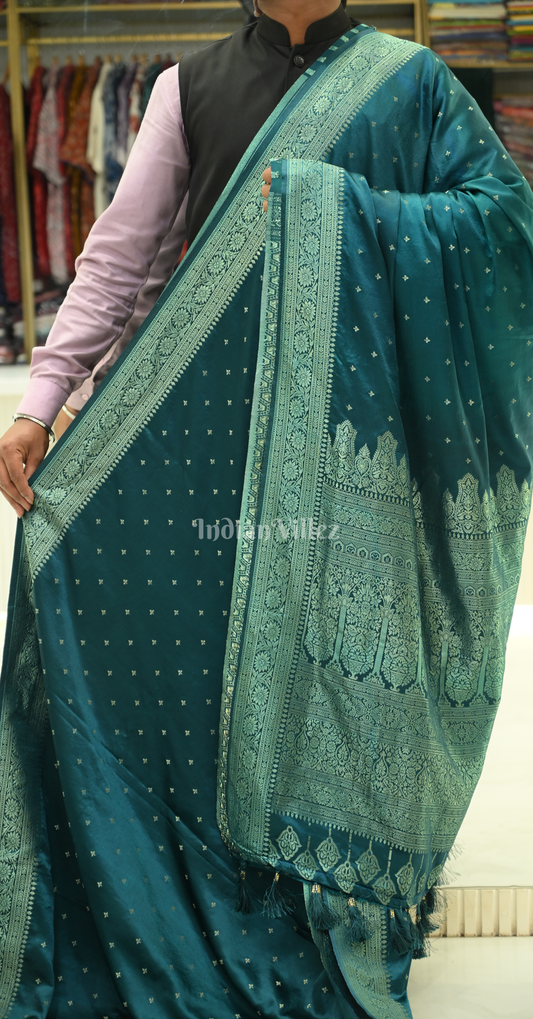 Peacock Green Satin Silk Banarasi Saree With Brocade Blouse