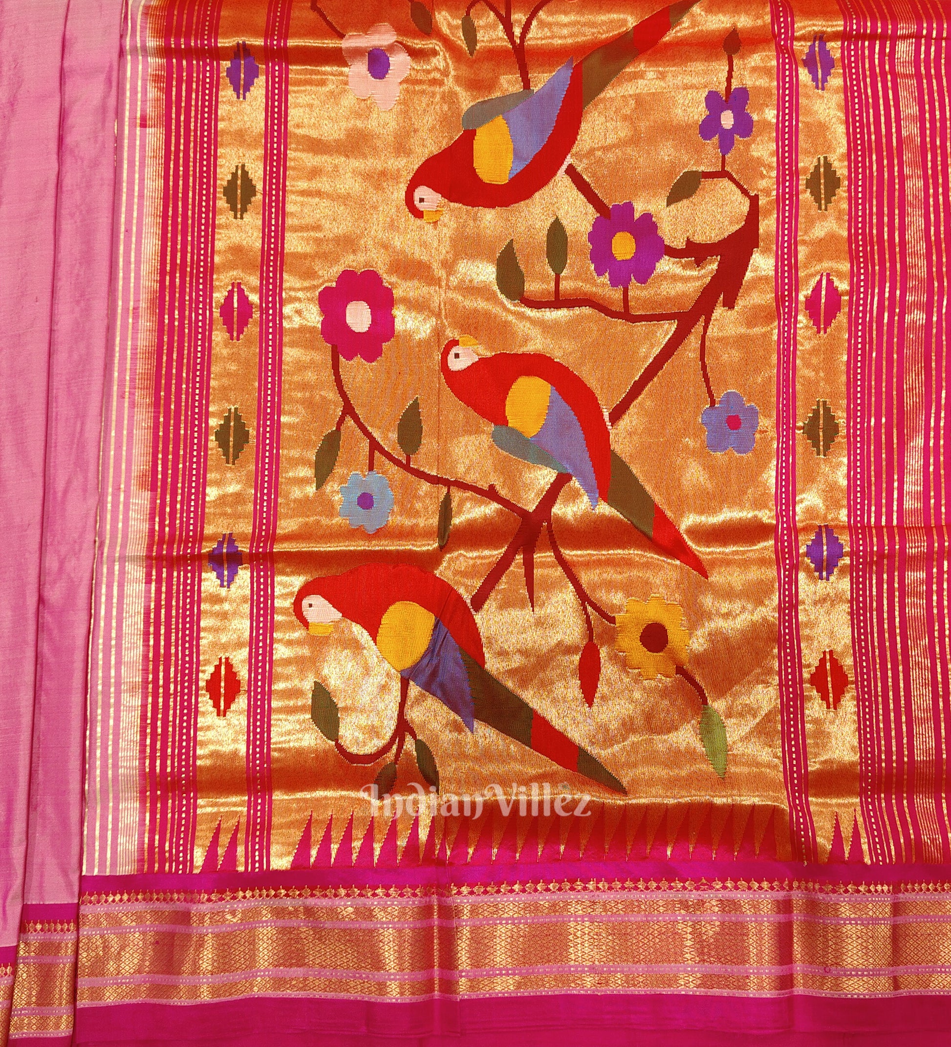 Pink Dual Tone Parrot Pallu Paithani Silk Saree
