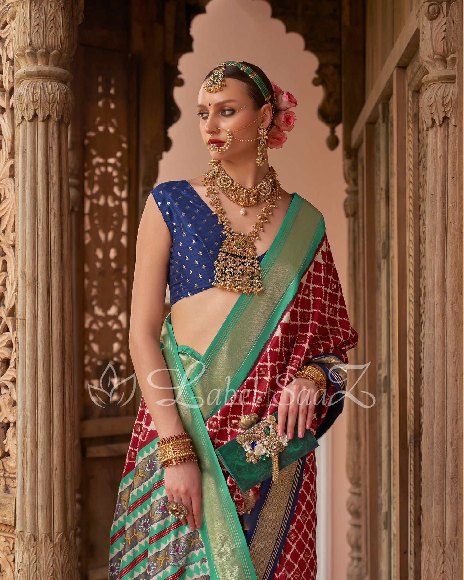 Red with Blue Patola Inspired Pochampally South Silk Saree