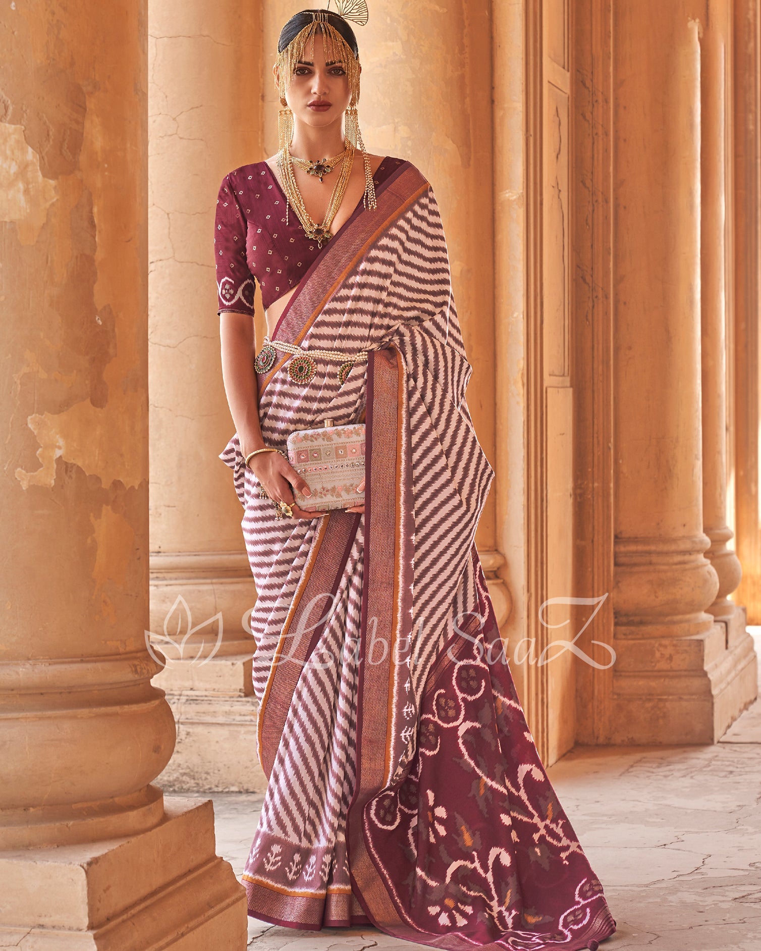 Wine White Leheriya Pochompolly Ikat Saree