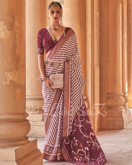 Wine White Leheriya Pochompolly Ikat Saree