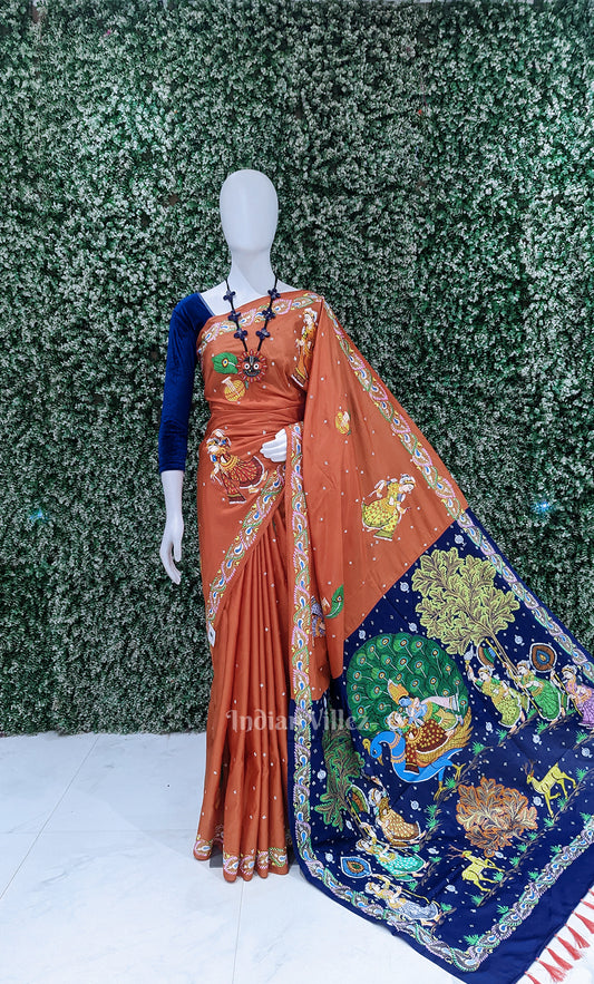 Orange Blue  Krishna Peacock Design Hand-Painted Pattachitra Saree