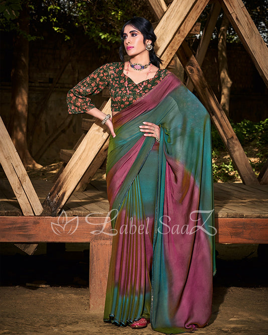 Rama green wine Chiffon Saree with Floral Blouse 