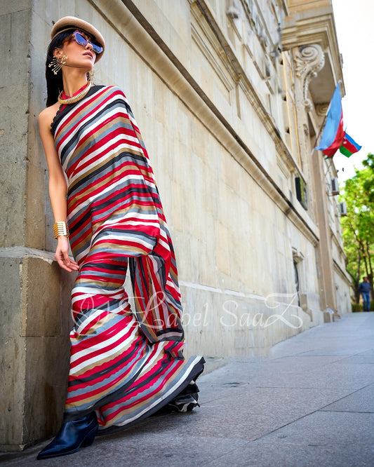 Peach Satya Paul Inspired Printed Satin Crape Sarees