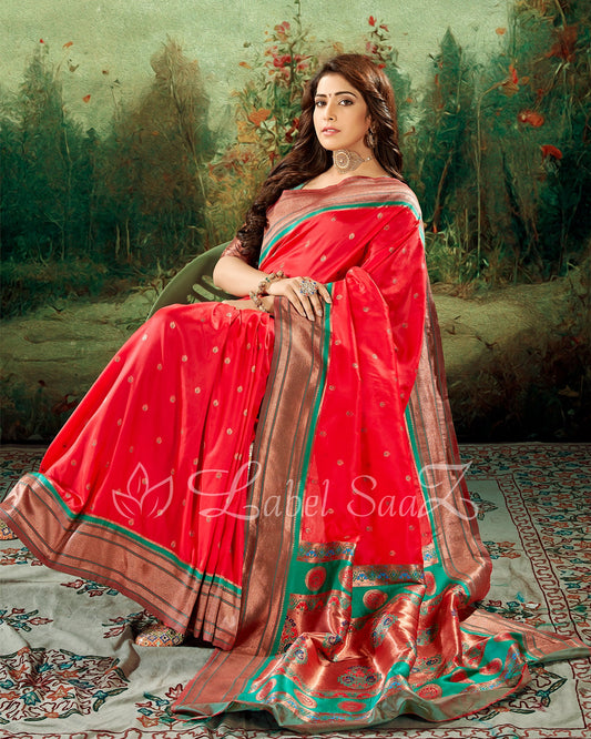 Red Woven Zari Paithani Silk Saree