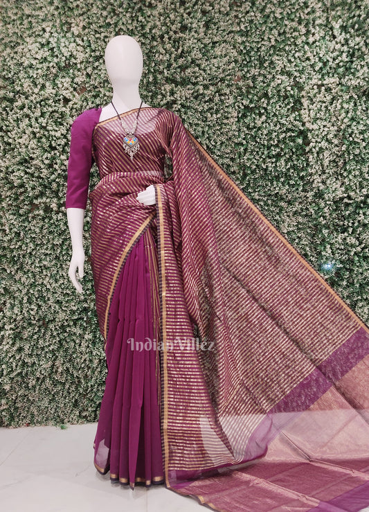 Purple Stripped Pattern Pure Silk Cotton Maheswari Saree