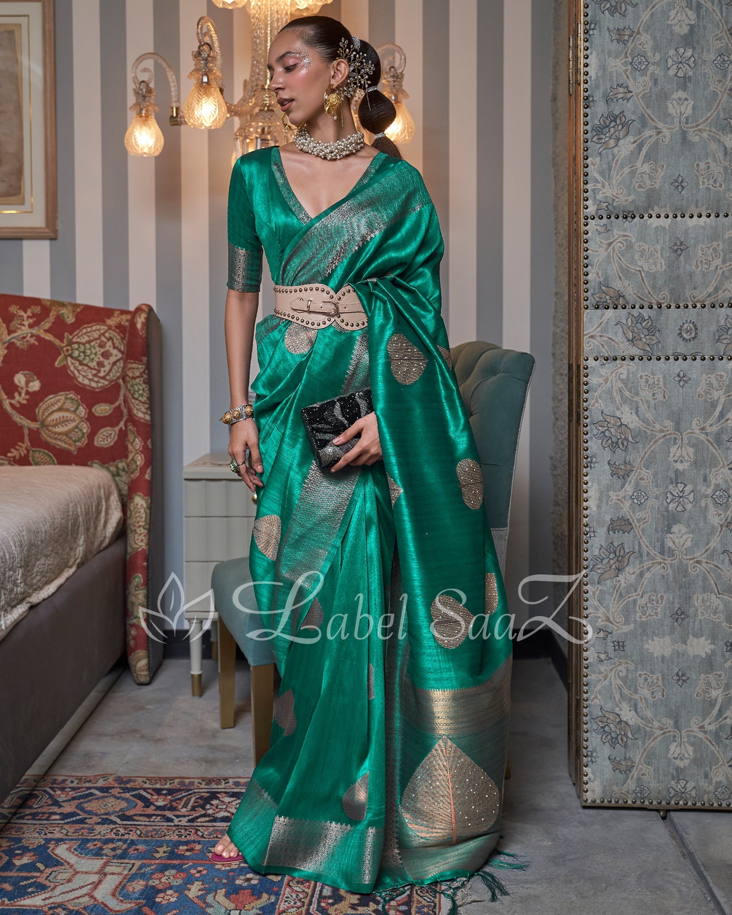 Green Party Designer Tussar Banarasi With Moti Work Saree