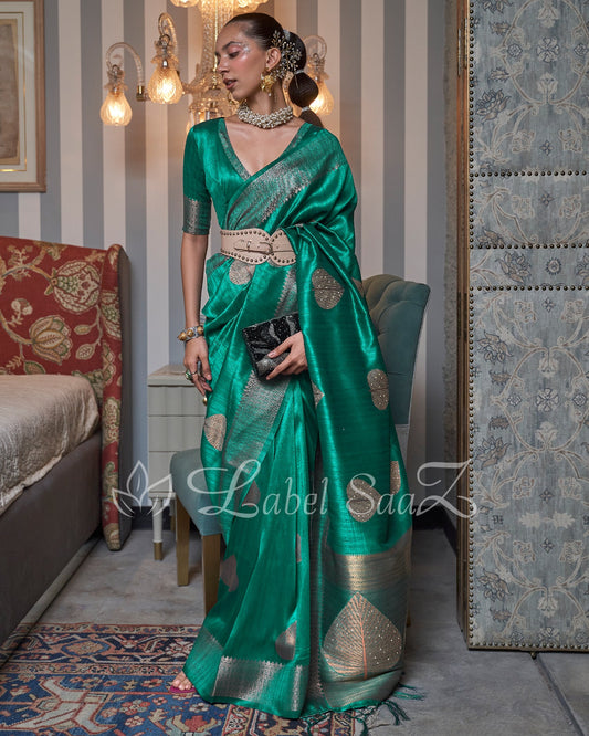 Green Party Designer Tussar Banarasi With Moti Work Saree