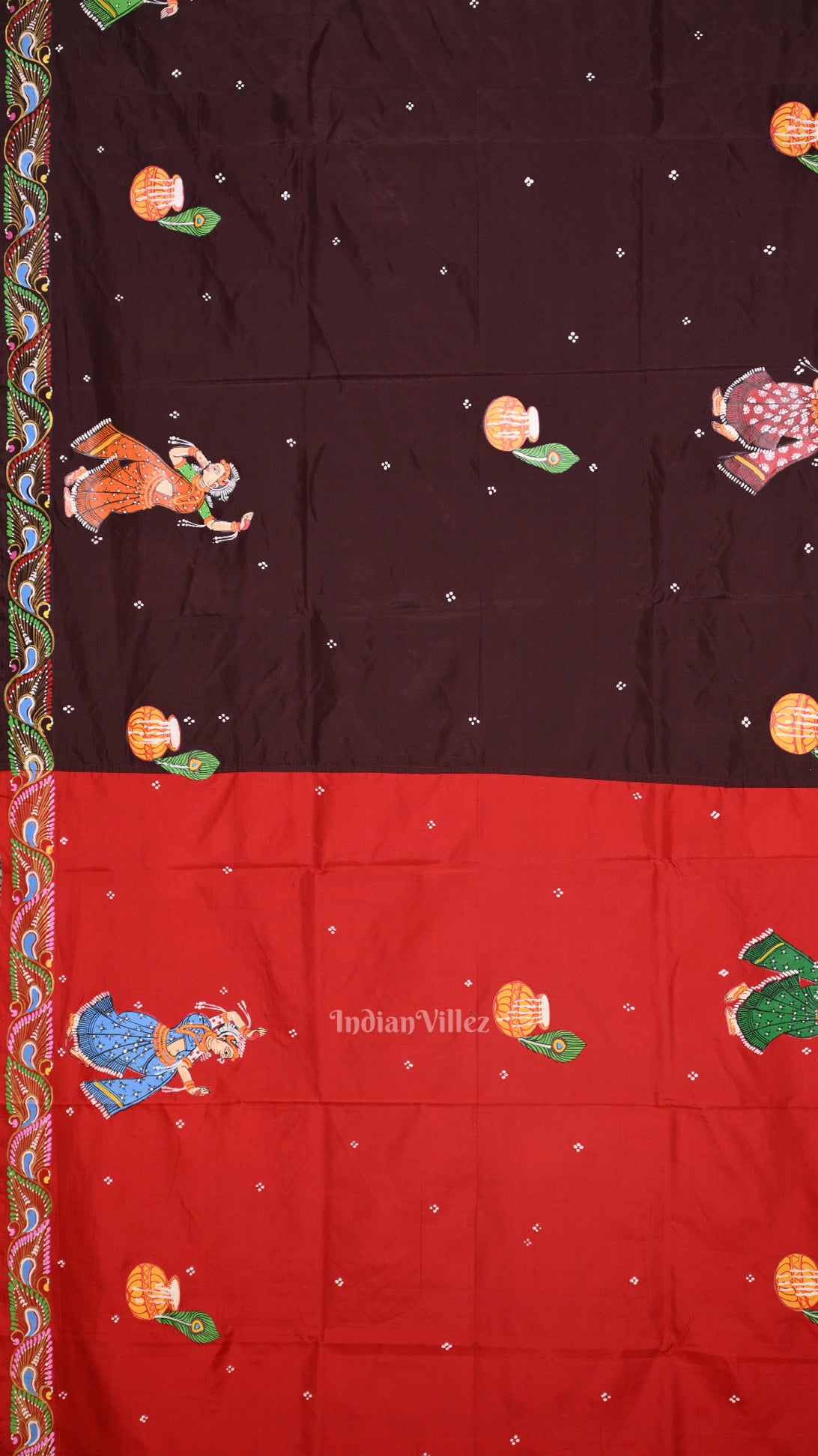Red  with Coffee Rasaleela Theme Hand-Painted Pattachitra Saree
