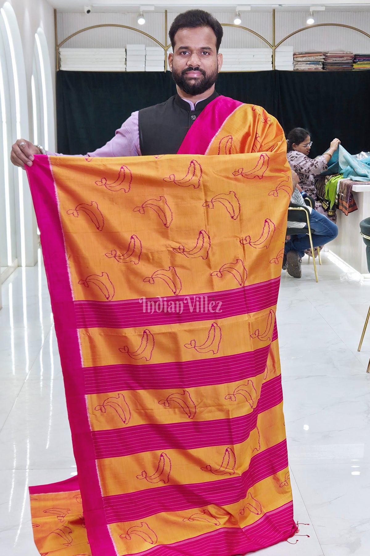 Mustard Yellow Maroon Dolphin Theme Contemporary Designer Silk Saree