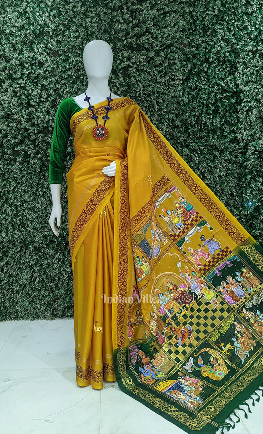 Yellow Green Ramayan Hand- Painted Pattachitra Saree