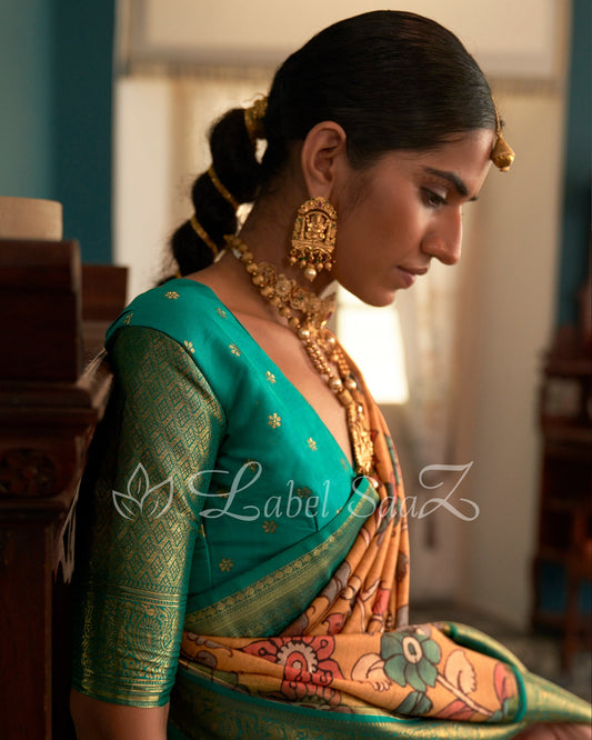 Yellow Green Kalamkari Print on Kanjivaram Silk