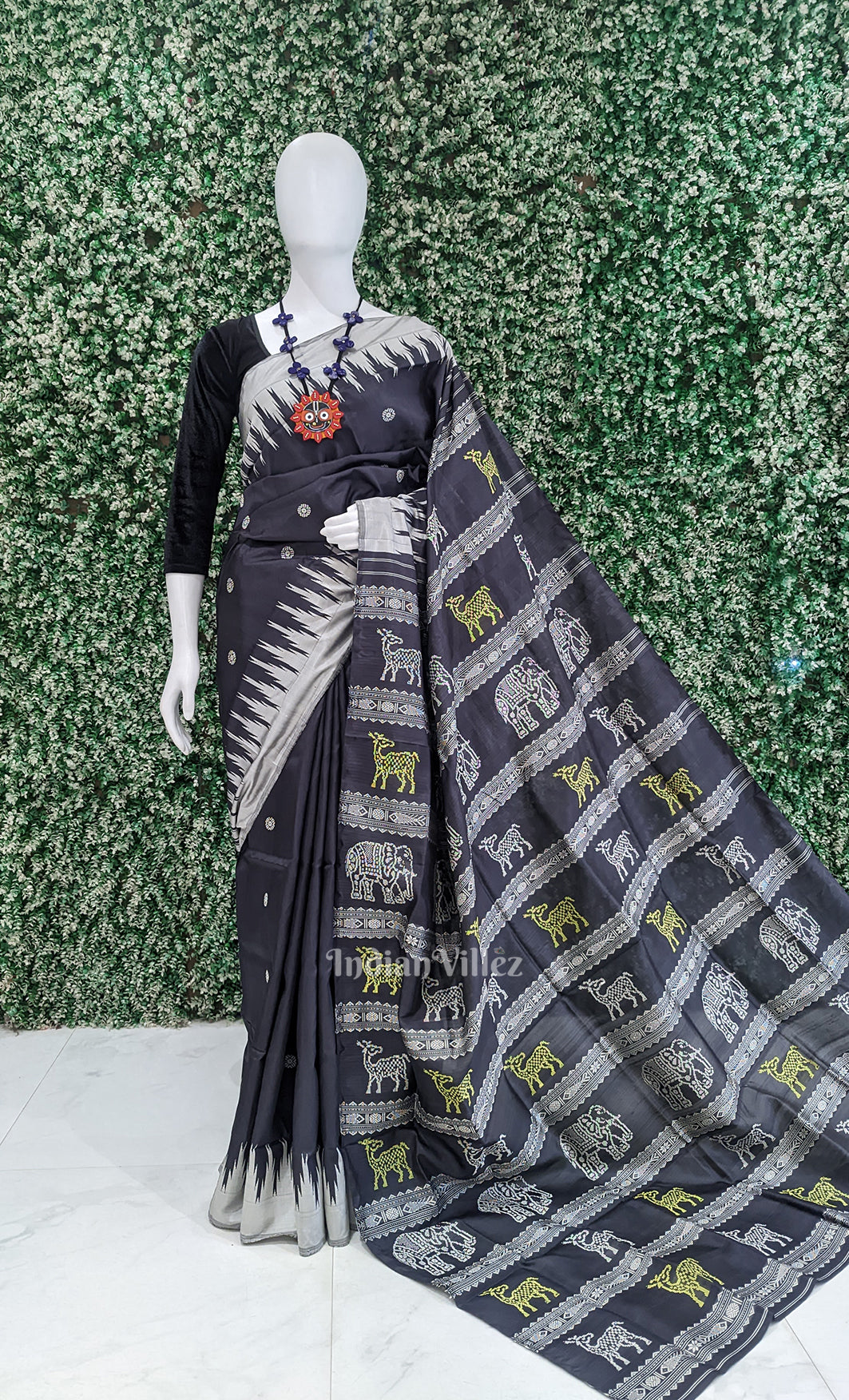 Black Grey Double Pallu Berhampuri Silk Saree