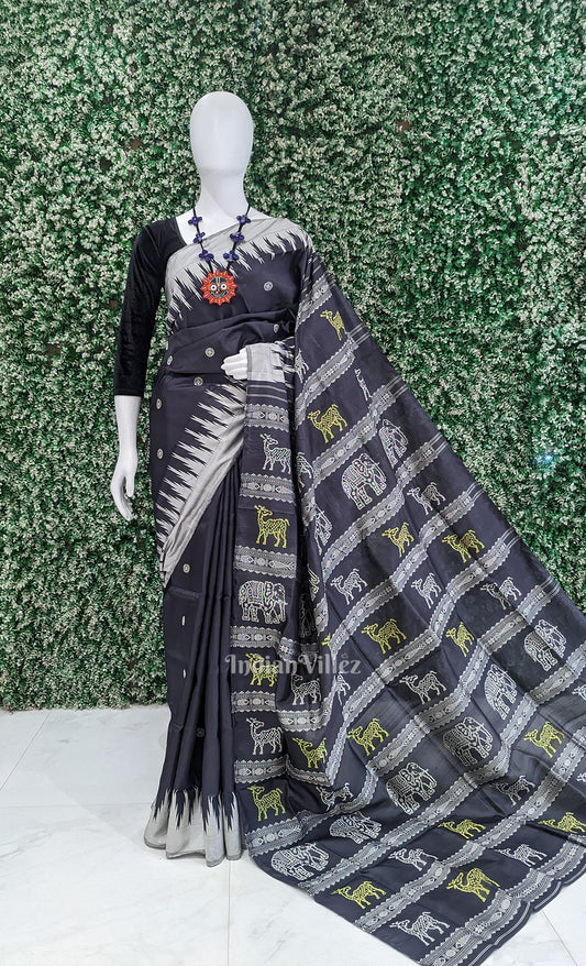 Black Grey Double Pallu Berhampuri Silk Saree